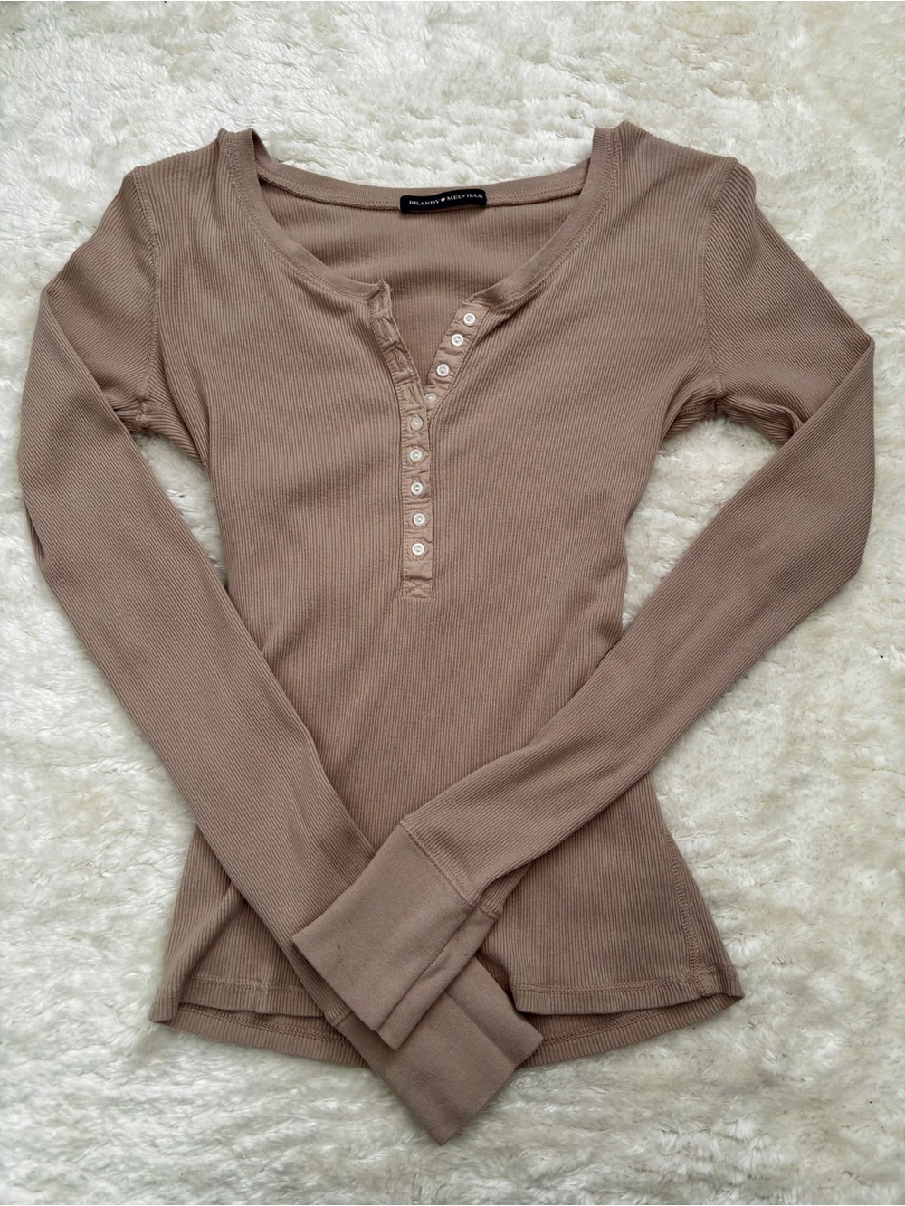 Brandy Melville Ribbed Henley Long Sleeve Top - Taupe